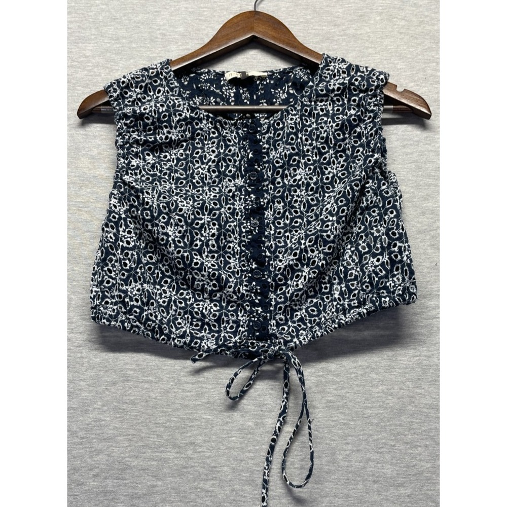 Maje Crop Blouse Top Womens 1 Blue Eyelet Floral Adjustable Tie Hem Button Front